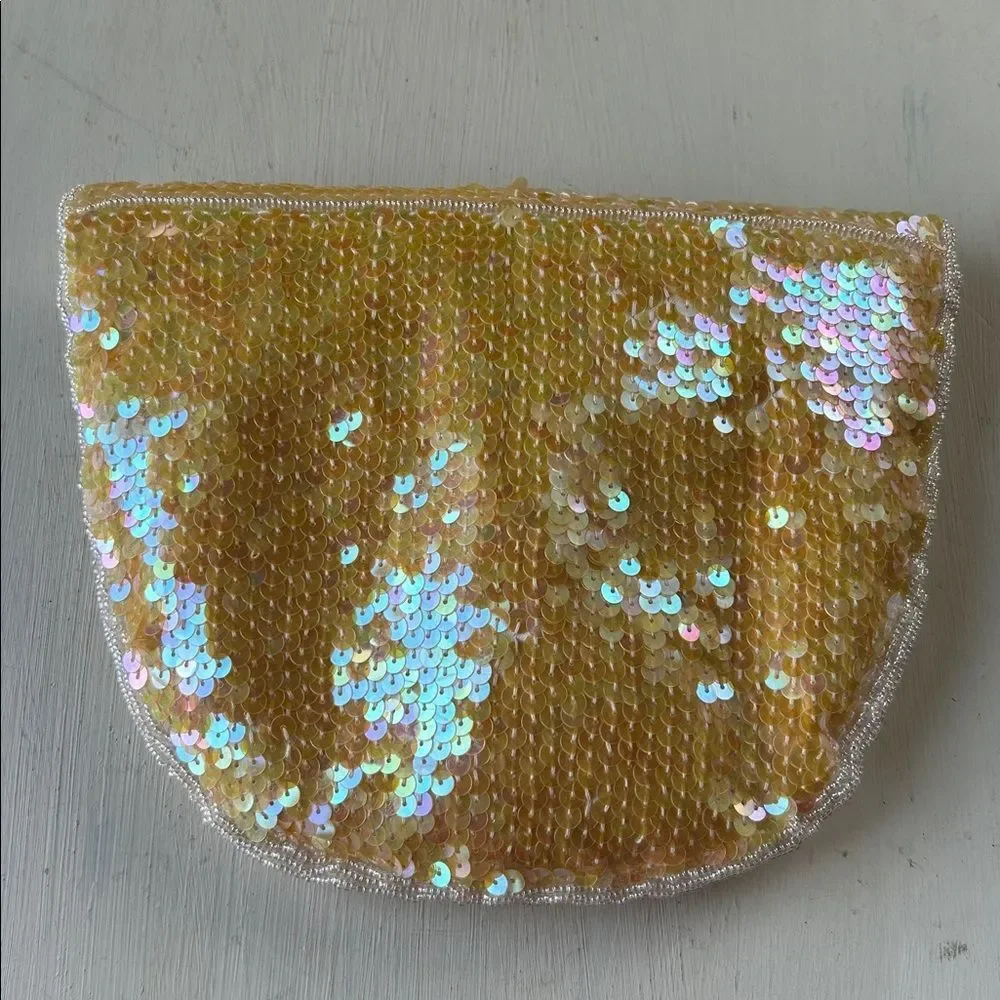 Vintage Shell Kepler Lacy After Noon Iridescent Yellow Sequin Bow Clutch